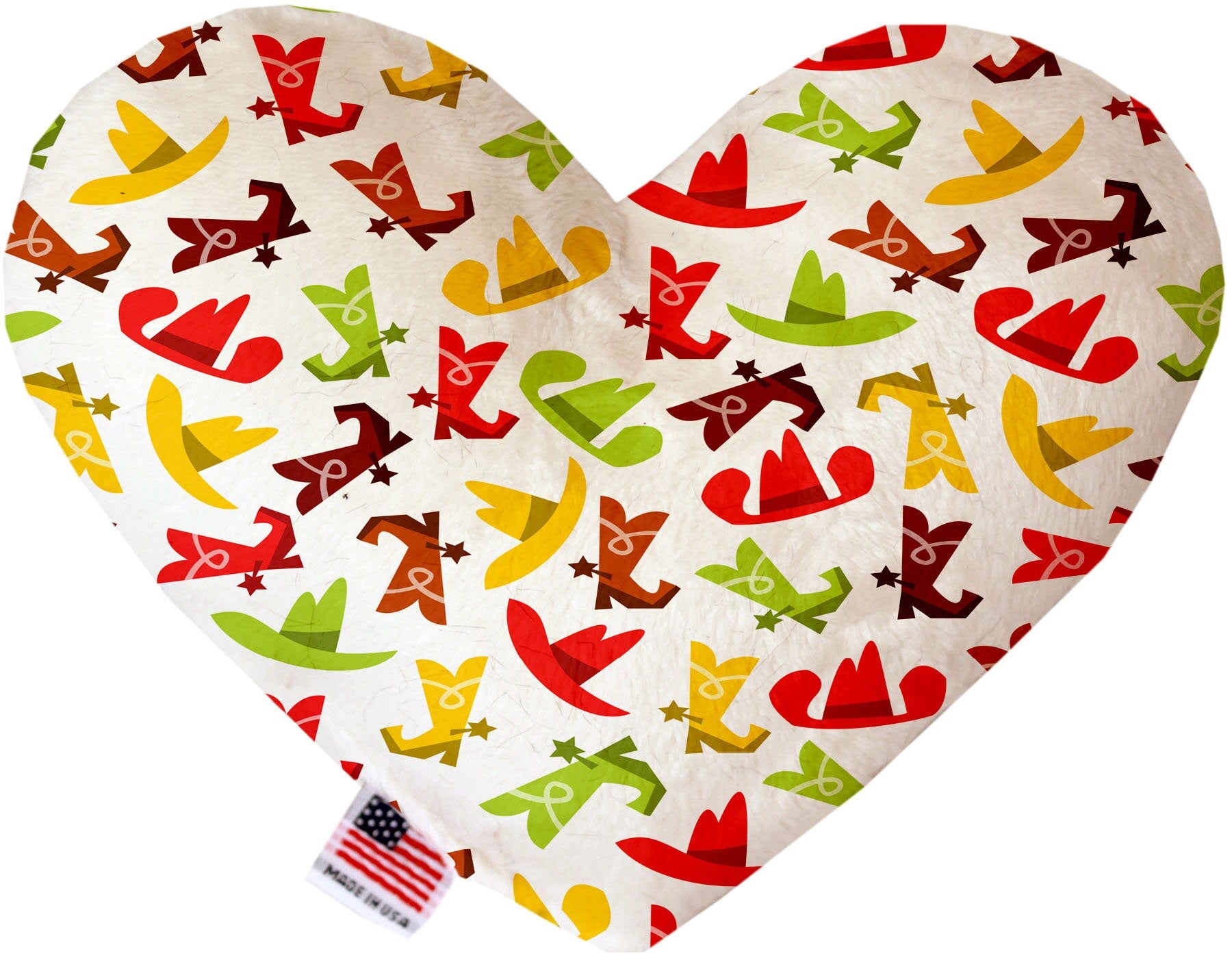 Handmade plush heart and bone dog toys in various sizes and patterns, featuring squeakers for interactive play.