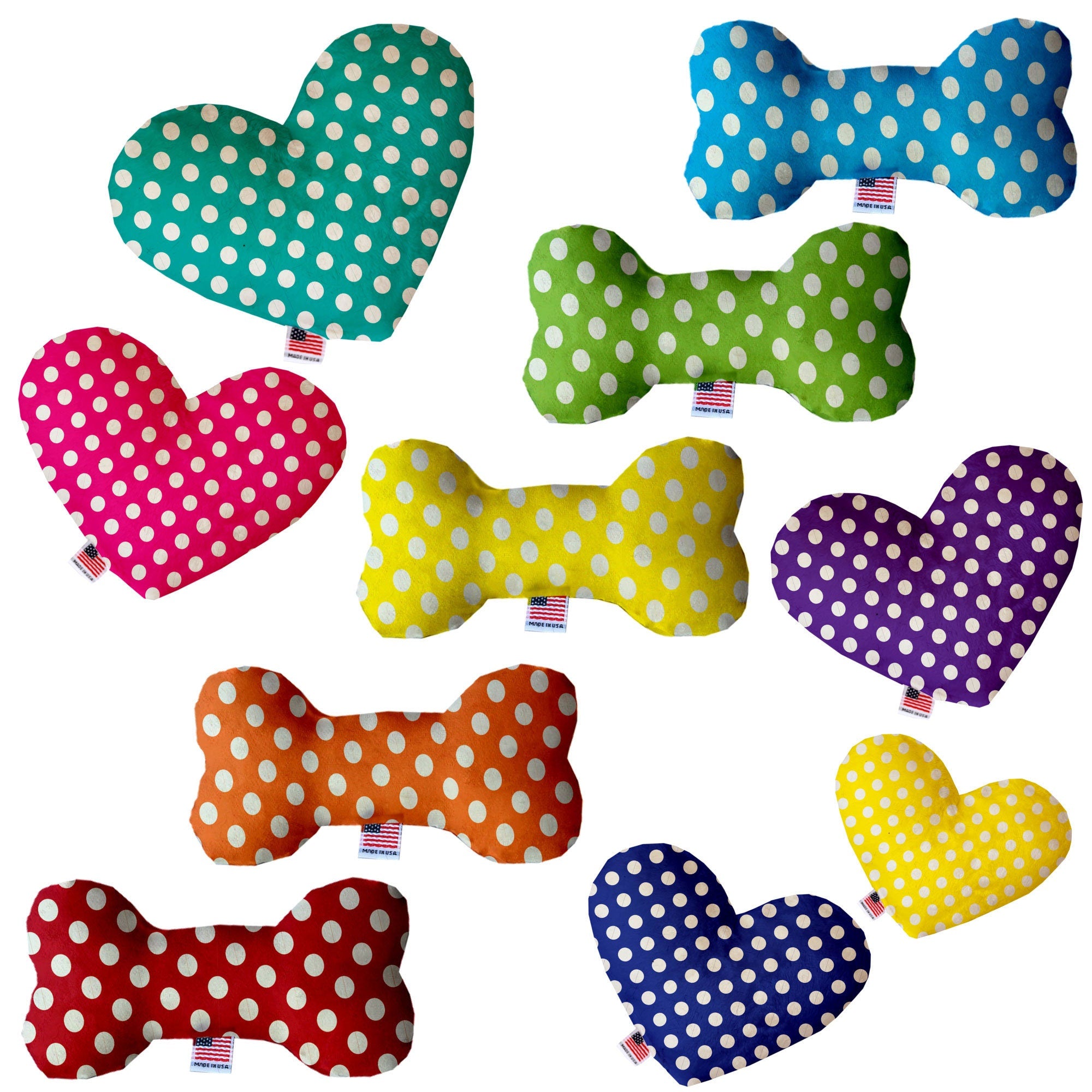 A plush heart and bone toy for dogs, featuring Swiss dots patterns, available in various sizes and colors, made from soft and safe materials.