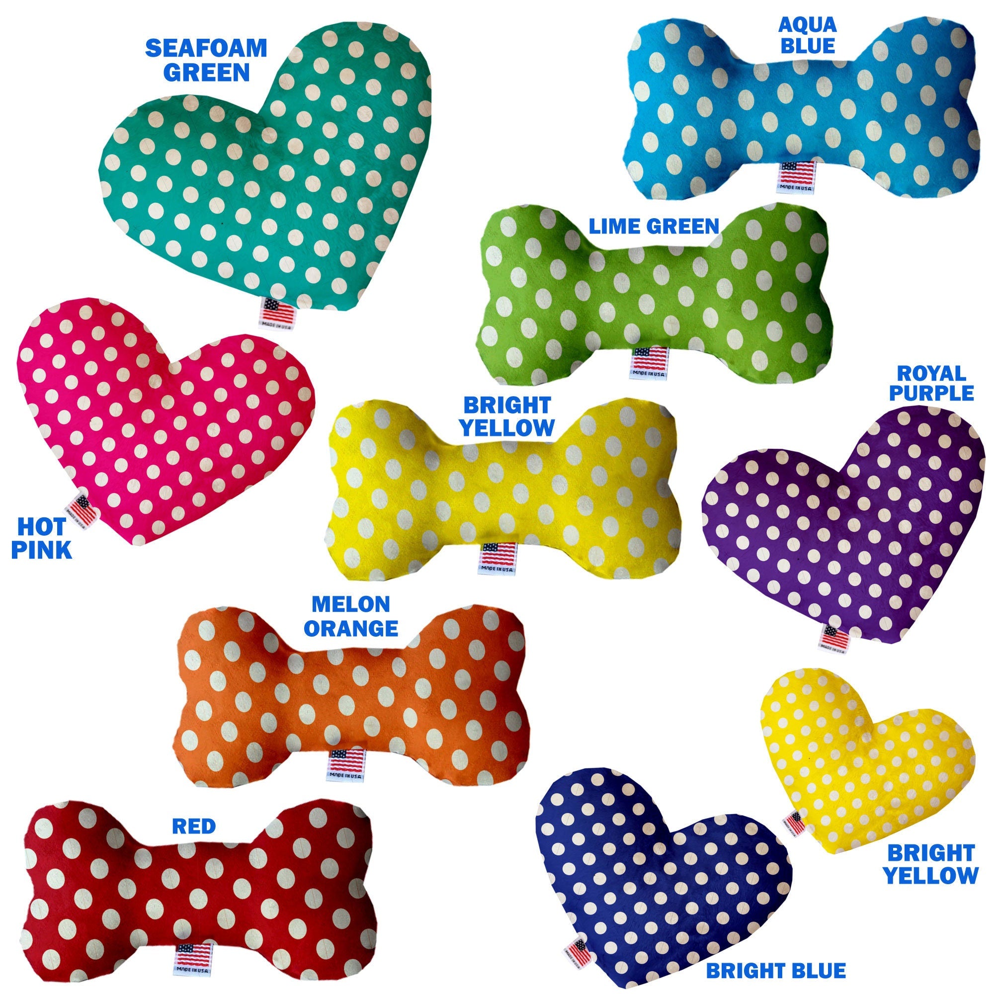 A plush heart and bone toy for dogs, featuring Swiss dots patterns, available in various sizes and colors, made from soft and safe materials.