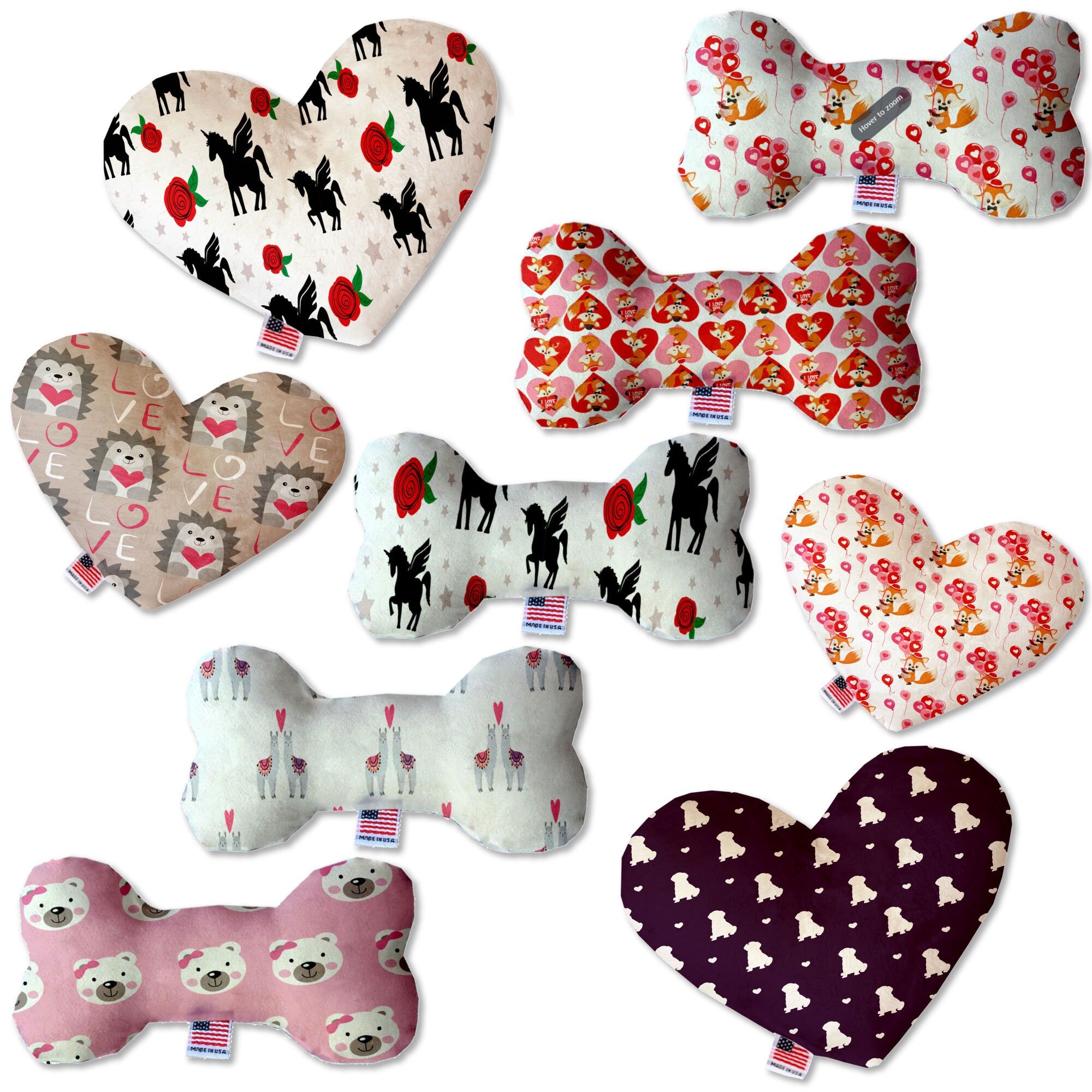 A soft and cuddly plush heart and bone toy for dogs, featuring vibrant colors and patterns, perfect for Valentine's Day.