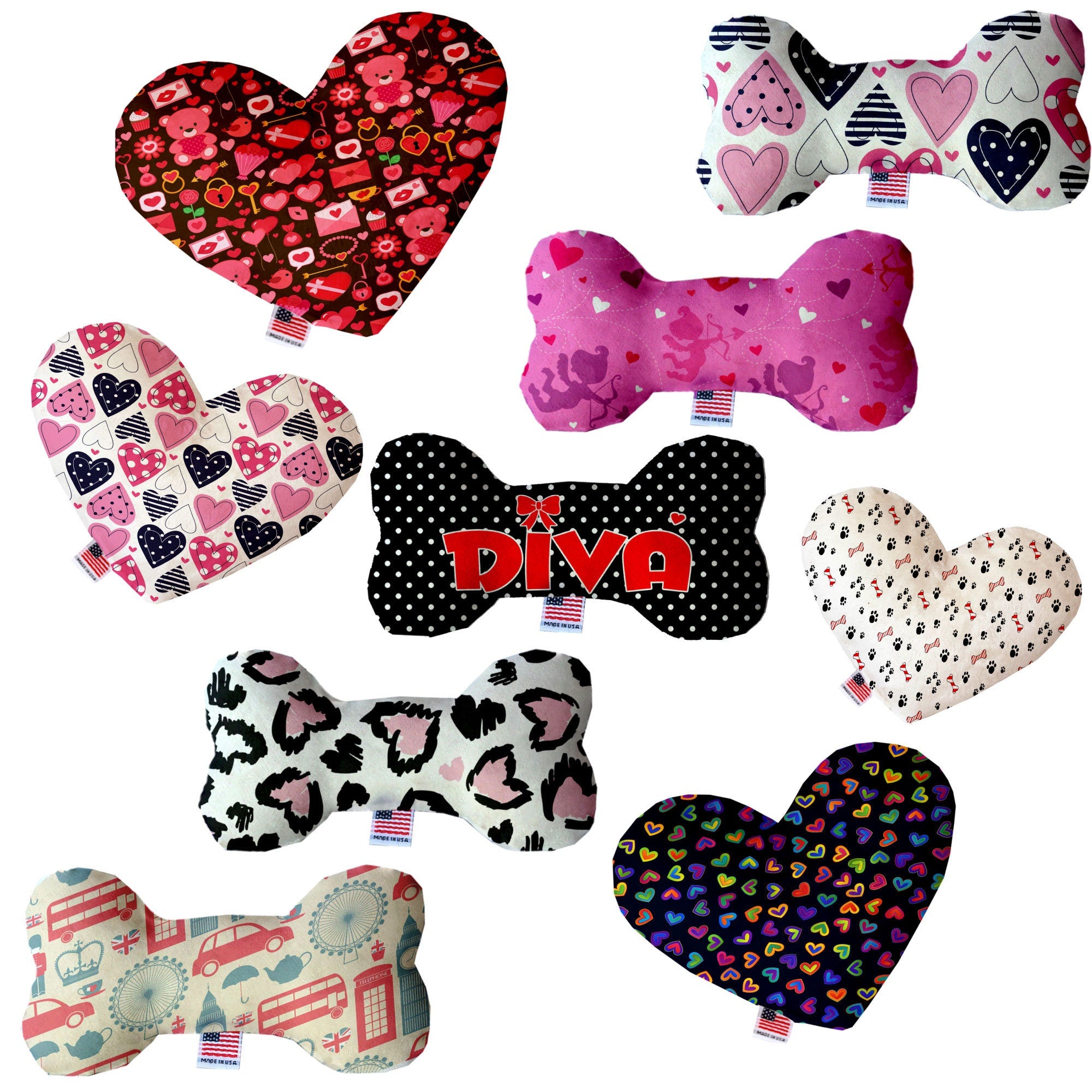 A plush heart and bone toy for pets, featuring soft fabric and vibrant colors, perfect for Valentine's Day playtime.