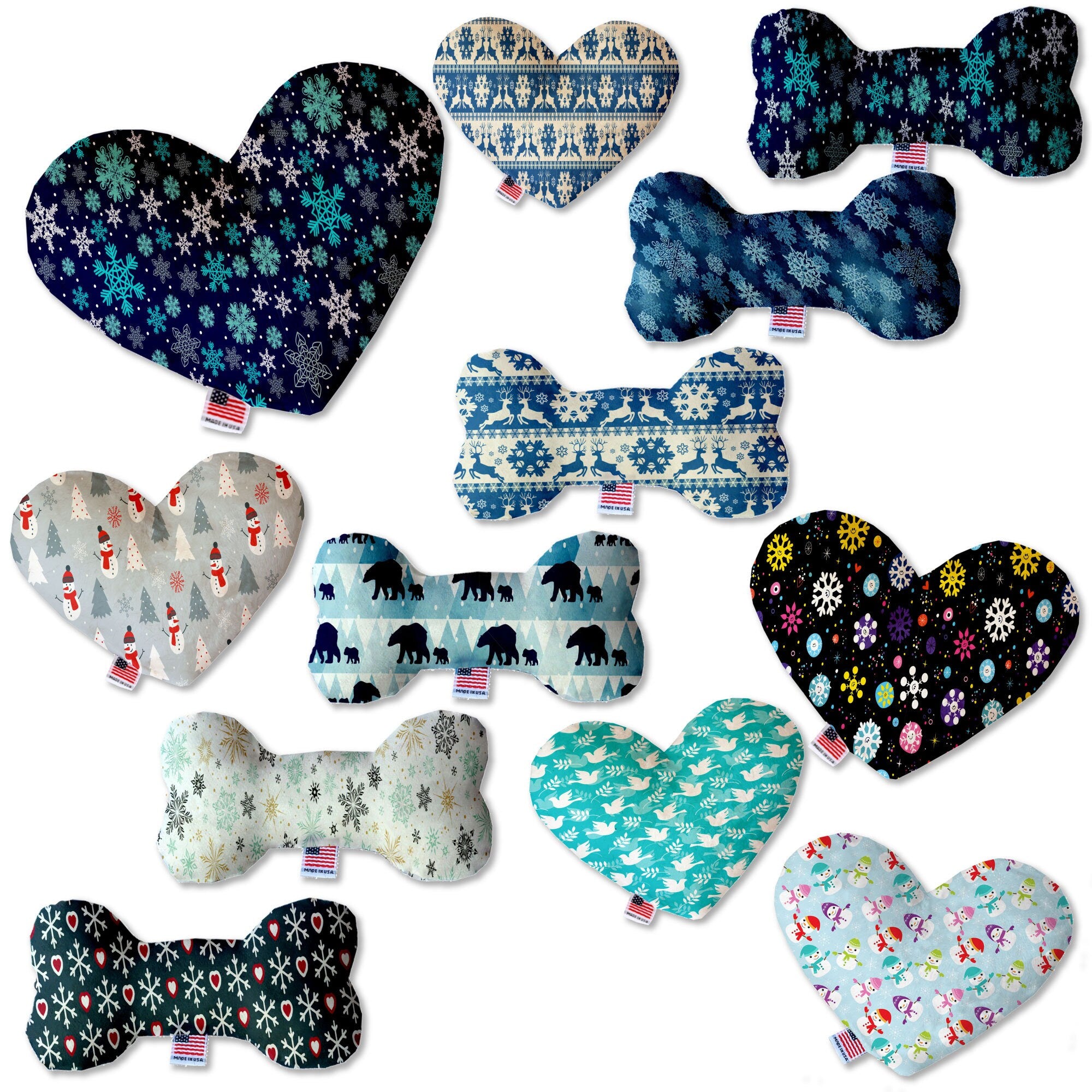 A collection of plush heart and bone toys for pets, featuring various patterns and sizes, designed for dogs to play and cuddle with.