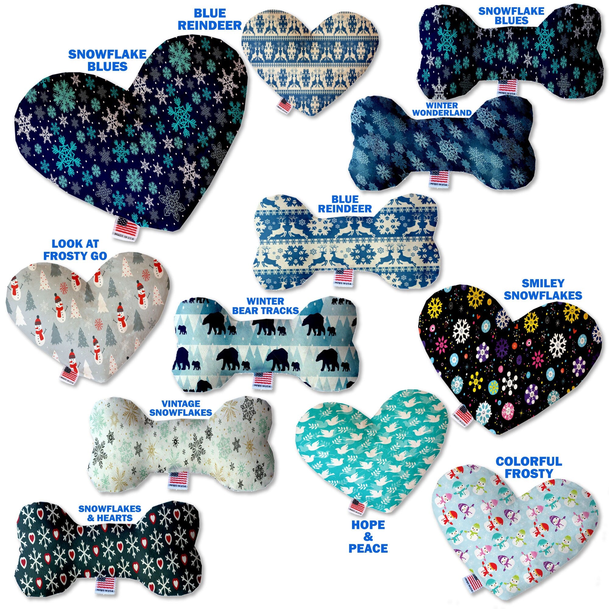 A collection of plush heart and bone toys for pets, featuring various patterns and sizes, designed for dogs to play and cuddle with.