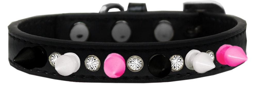 Stylish Pet and Dog Spike Collar featuring clear crystals and vibrant black, white, and pink spikes, perfect for fashionable pets.