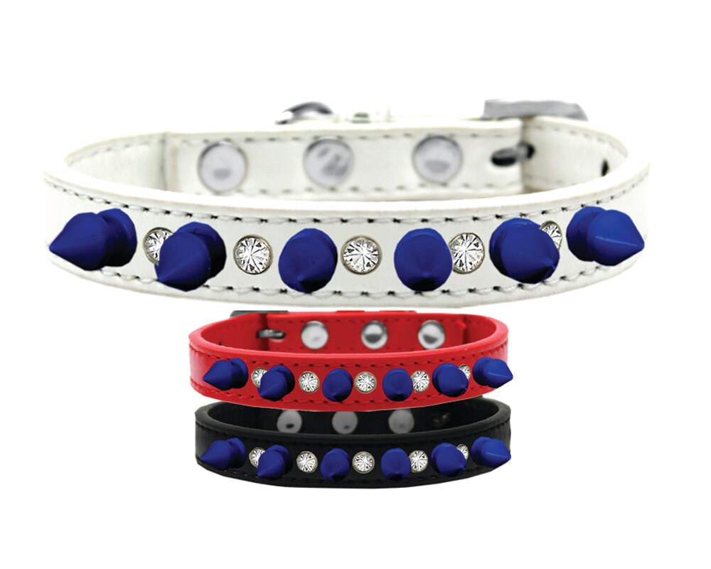 Pet and Dog Spike Collar featuring clear crystals and blue spikes, showcasing a stylish design for pets.