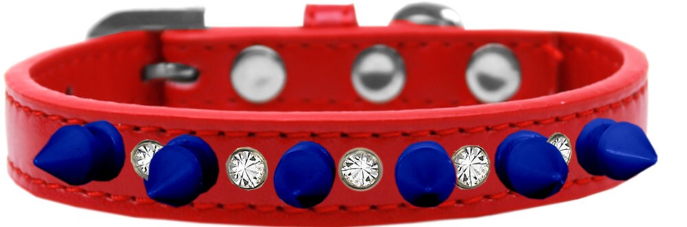 Pet and Dog Spike Collar featuring clear crystals and blue spikes, showcasing a stylish design for pets.