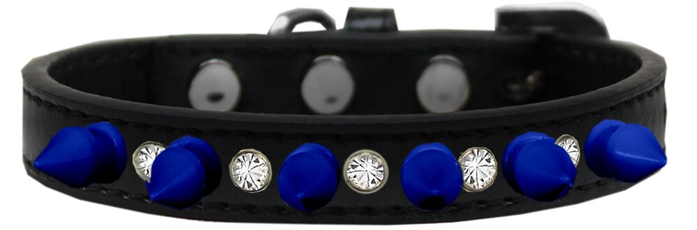 Pet and Dog Spike Collar featuring clear crystals and blue spikes, showcasing a stylish design for pets.
