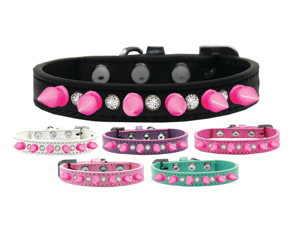 Bright pink spike collar adorned with clear crystals, perfect for pets.