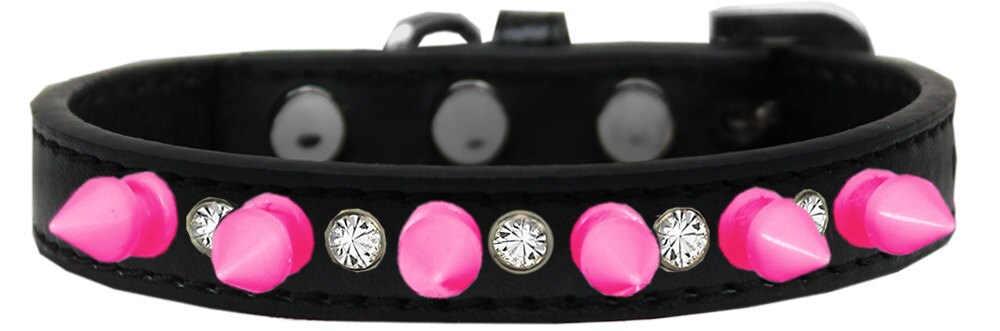 Bright pink spike collar adorned with clear crystals, perfect for pets.