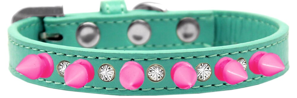 Bright pink spike collar adorned with clear crystals, perfect for pets.