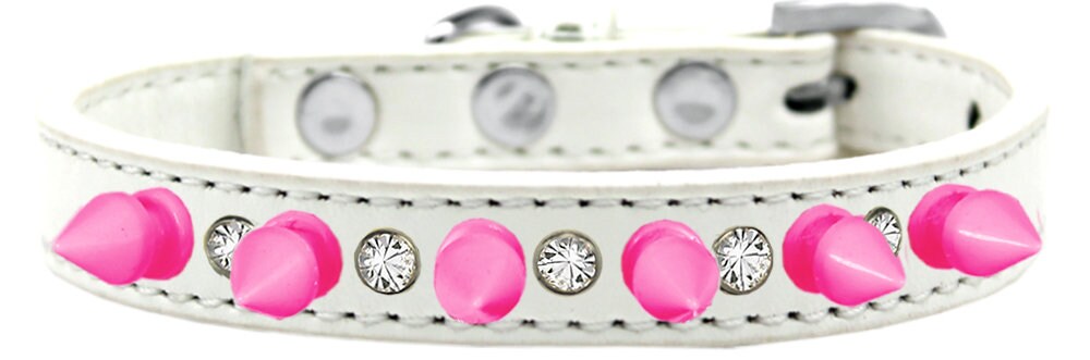 Bright pink spike collar adorned with clear crystals, perfect for pets.