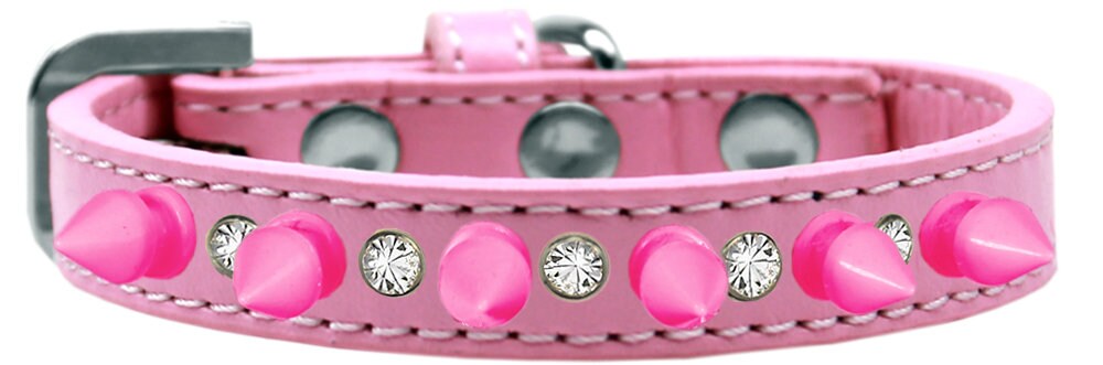 Bright pink spike collar adorned with clear crystals, perfect for pets.