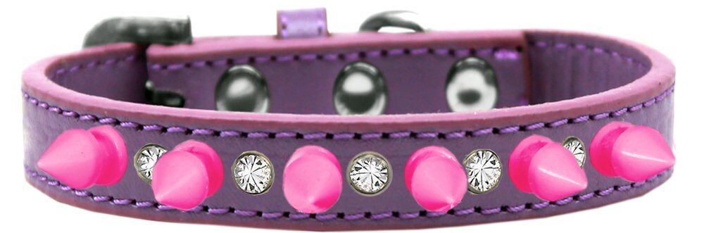 Bright pink spike collar adorned with clear crystals, perfect for pets.