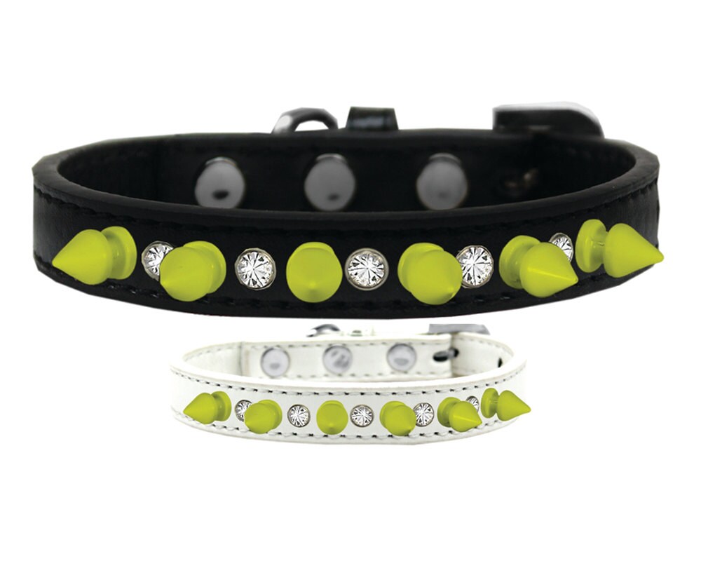 Pet and Dog Spike Collar featuring clear crystals and neon yellow spikes, showcasing a stylish design for pets.