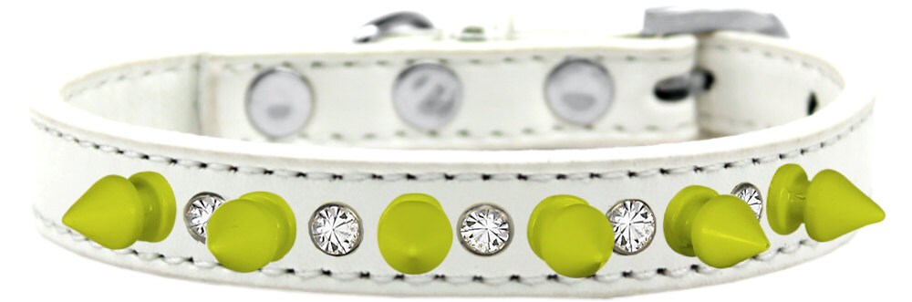 Pet and Dog Spike Collar featuring clear crystals and neon yellow spikes, showcasing a stylish design for pets.