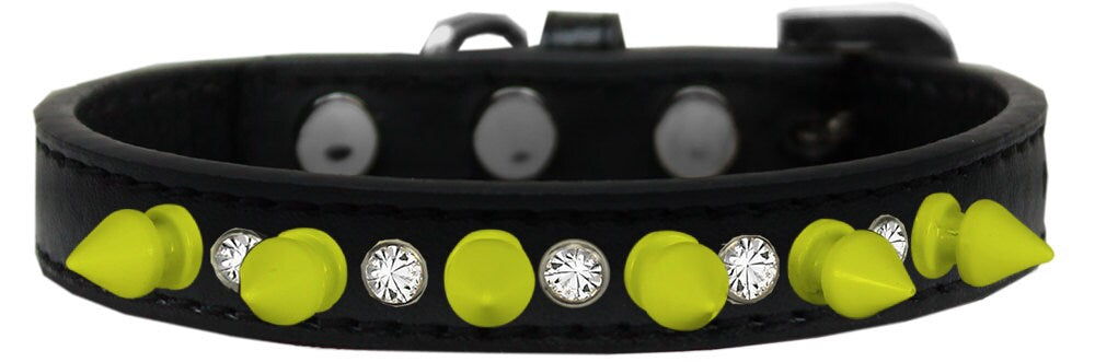 Pet and Dog Spike Collar featuring clear crystals and neon yellow spikes, showcasing a stylish design for pets.
