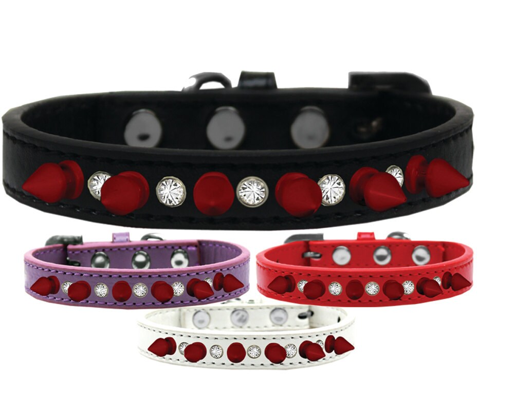 Pet and Dog Spike Collar featuring clear crystals and red spikes, showcasing a stylish design for pets.