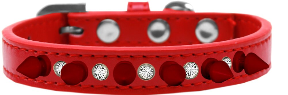Pet and Dog Spike Collar featuring clear crystals and red spikes, showcasing a stylish design for pets.