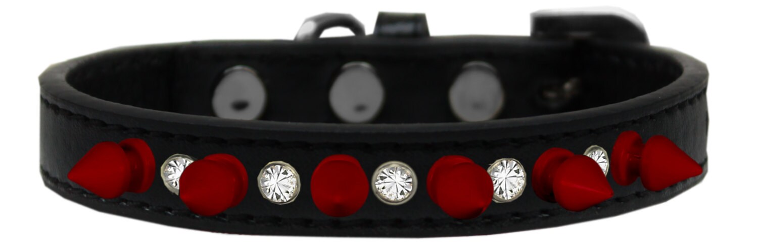 Pet and Dog Spike Collar featuring clear crystals and red spikes, showcasing a stylish design for pets.