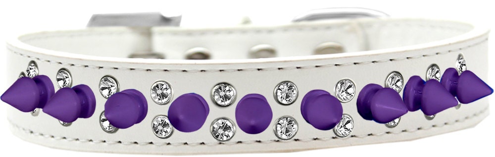 Pet and Dog Spike Collar featuring double clear crystals and purple spikes, showcasing a stylish design for pets.