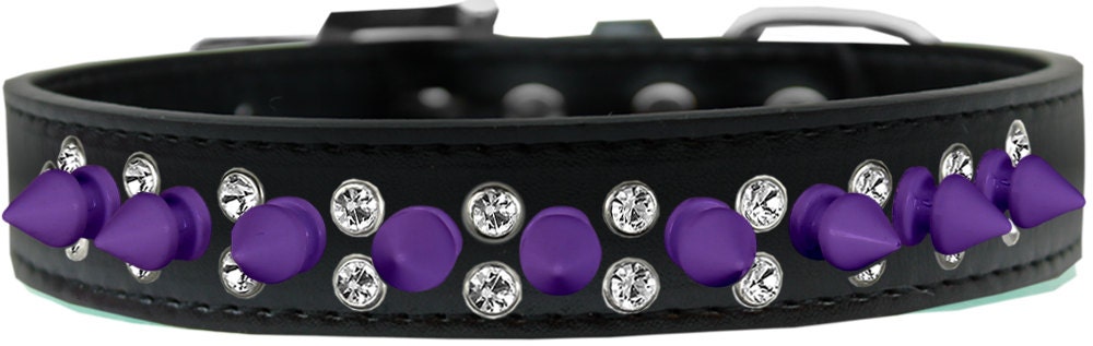 Pet and Dog Spike Collar featuring double clear crystals and purple spikes, showcasing a stylish design for pets.