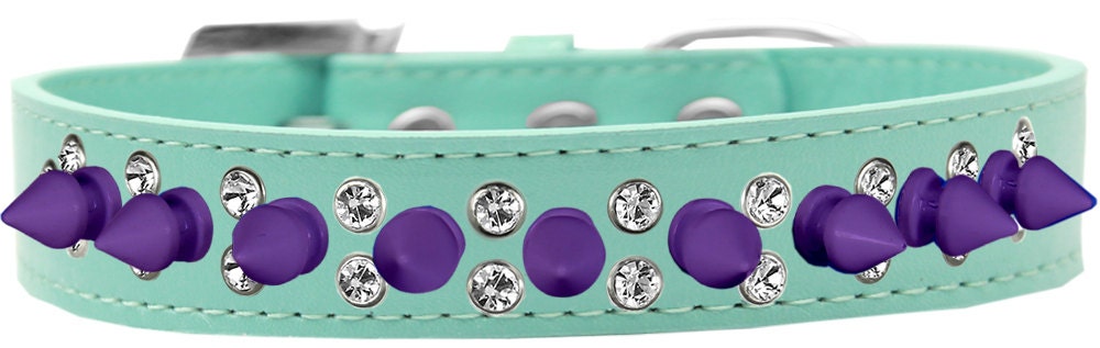 Pet and Dog Spike Collar featuring double clear crystals and purple spikes, showcasing a stylish design for pets.