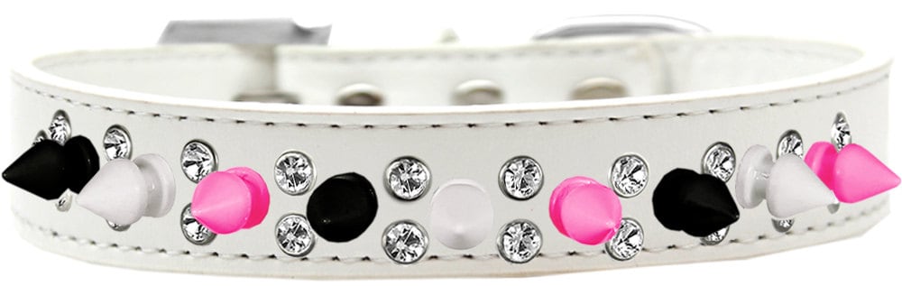 Stylish pet and dog spike collar with double crystals and vibrant pink spikes, showcasing a unique design.