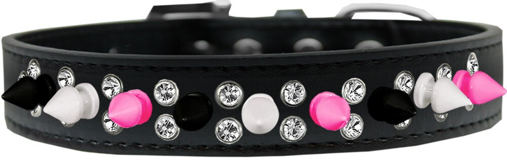 Stylish pet and dog spike collar with double crystals and vibrant pink spikes, showcasing a unique design.