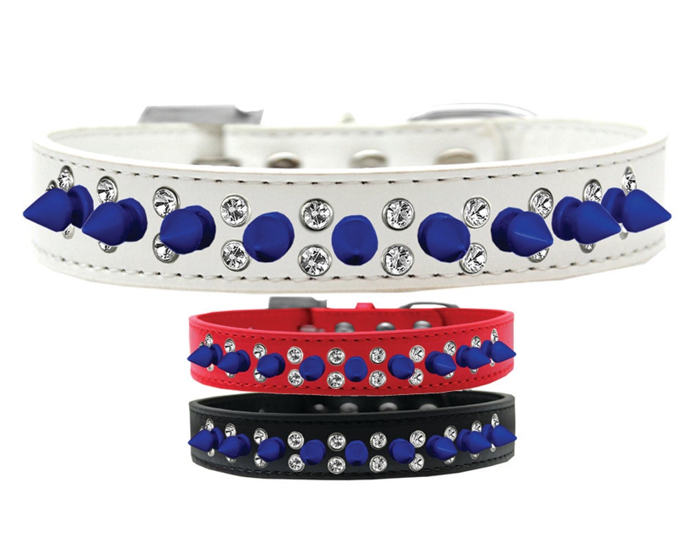 Pet and Dog Spike Collar featuring double crystals and blue spikes, designed for style and comfort.