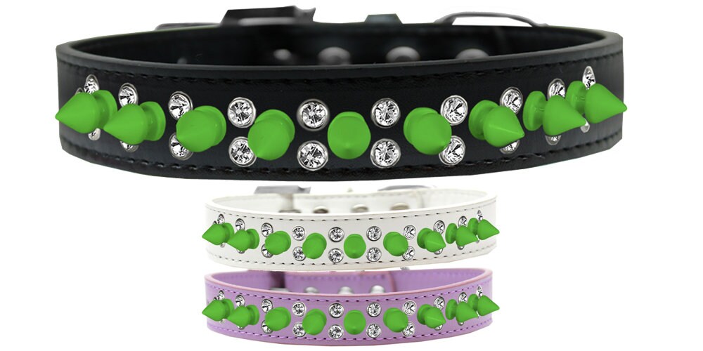 Pet and Dog Spike Collar featuring double crystal and neon green spikes, showcasing a stylish and durable design.