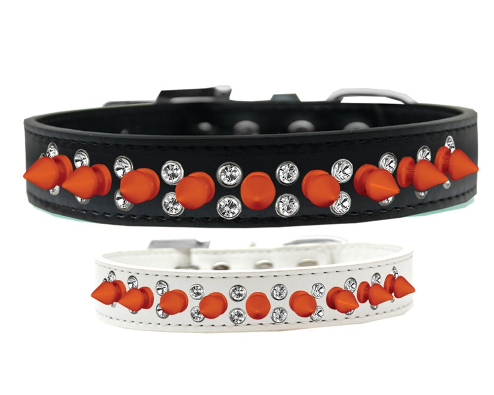 Pet and Dog Spike Collar featuring double crystal and orange spikes, showcasing a stylish design with a crystal buckle.