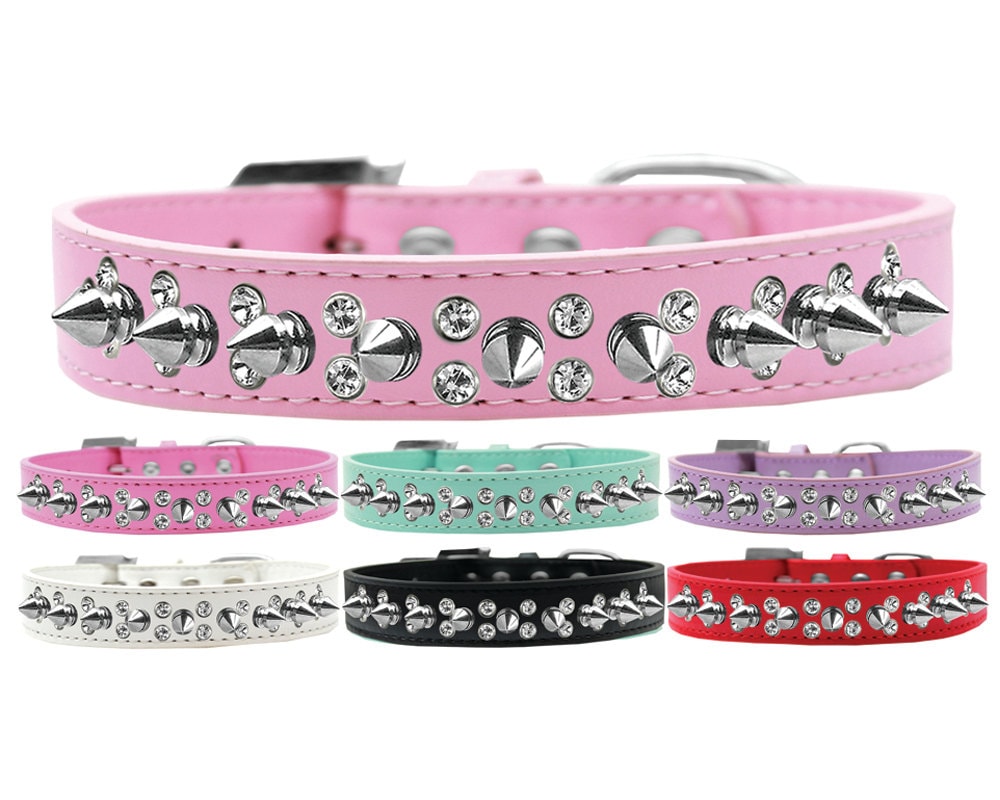 Pet and Dog Spike Collar featuring double rows of clear crystals and silver spikes, showcasing a stylish and bold design.