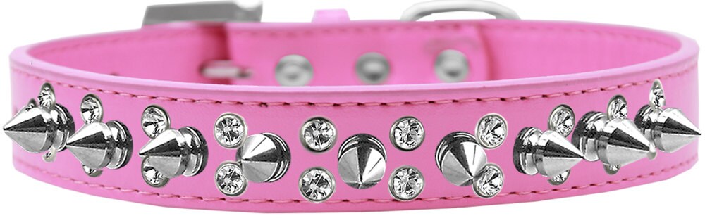Pet and Dog Spike Collar featuring double rows of clear crystals and silver spikes, showcasing a stylish and bold design.