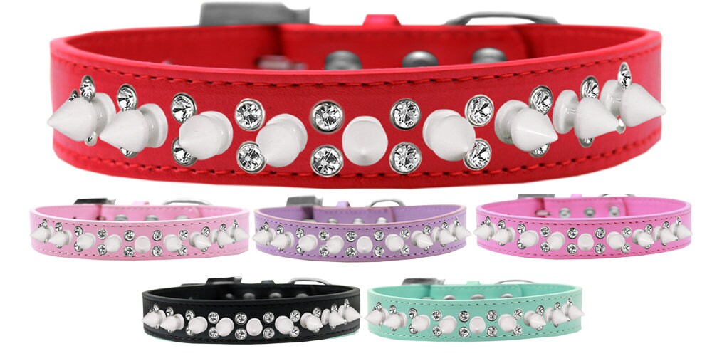 Stylish pet collar featuring double rows of clear crystals and white spikes, designed for dogs and cats.