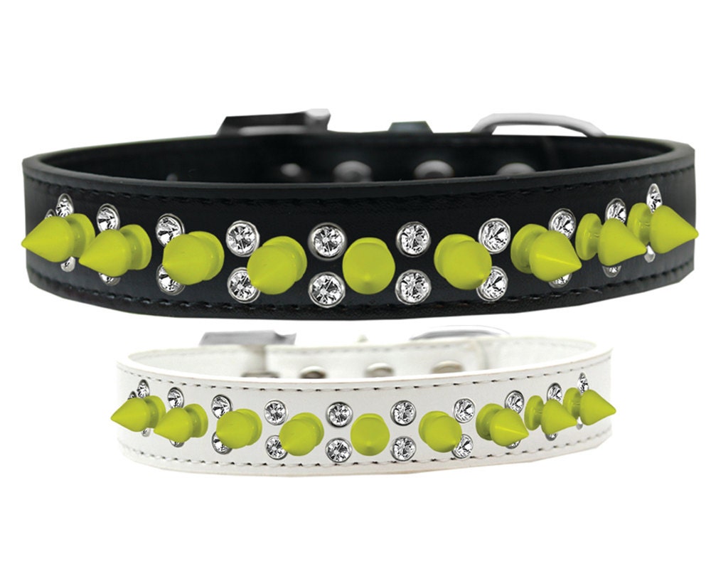 Pet and Dog Spike Collar featuring double rows of clear crystals and yellow spikes, designed for style and comfort.