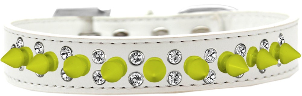 Pet and Dog Spike Collar featuring double rows of clear crystals and yellow spikes, designed for style and comfort.