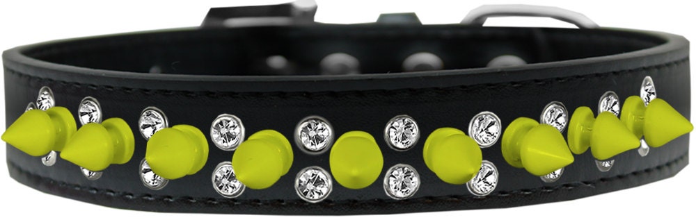 Pet and Dog Spike Collar featuring double rows of clear crystals and yellow spikes, designed for style and comfort.