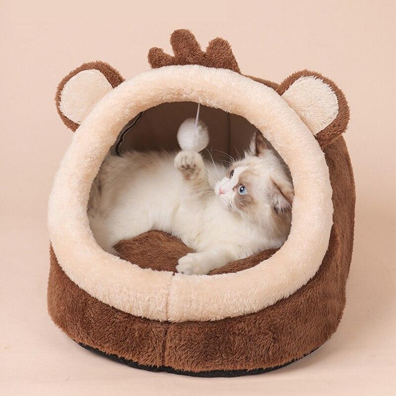 Cozy monkey-shaped pet bed for dogs and cats, featuring a soft cloth material and a warm brown color, perfect for winter use.