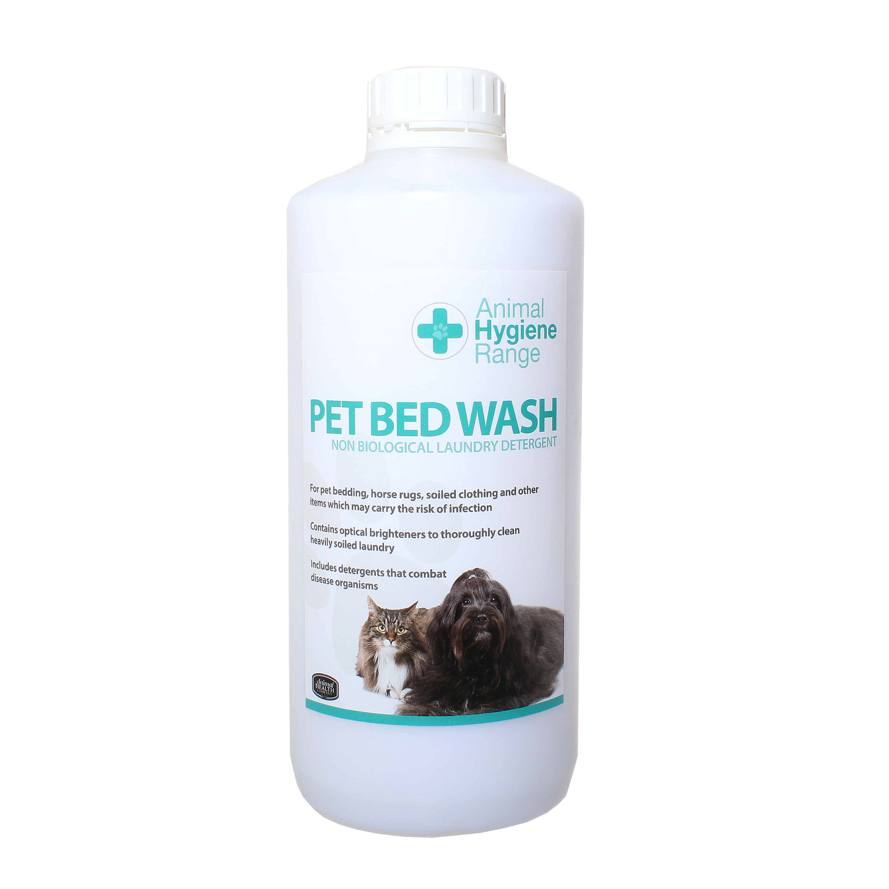 A bottle of Pet Bed Wash non-biological laundry detergent designed for cleaning pet bedding, featuring a bright label and ergonomic design.