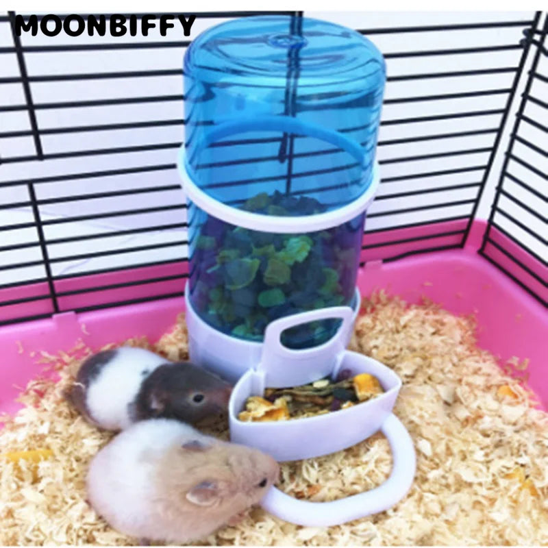 Pet Bird Drinker Feeder designed for small animals, featuring a blue and white automatic dispenser bottle with adjustable food output.