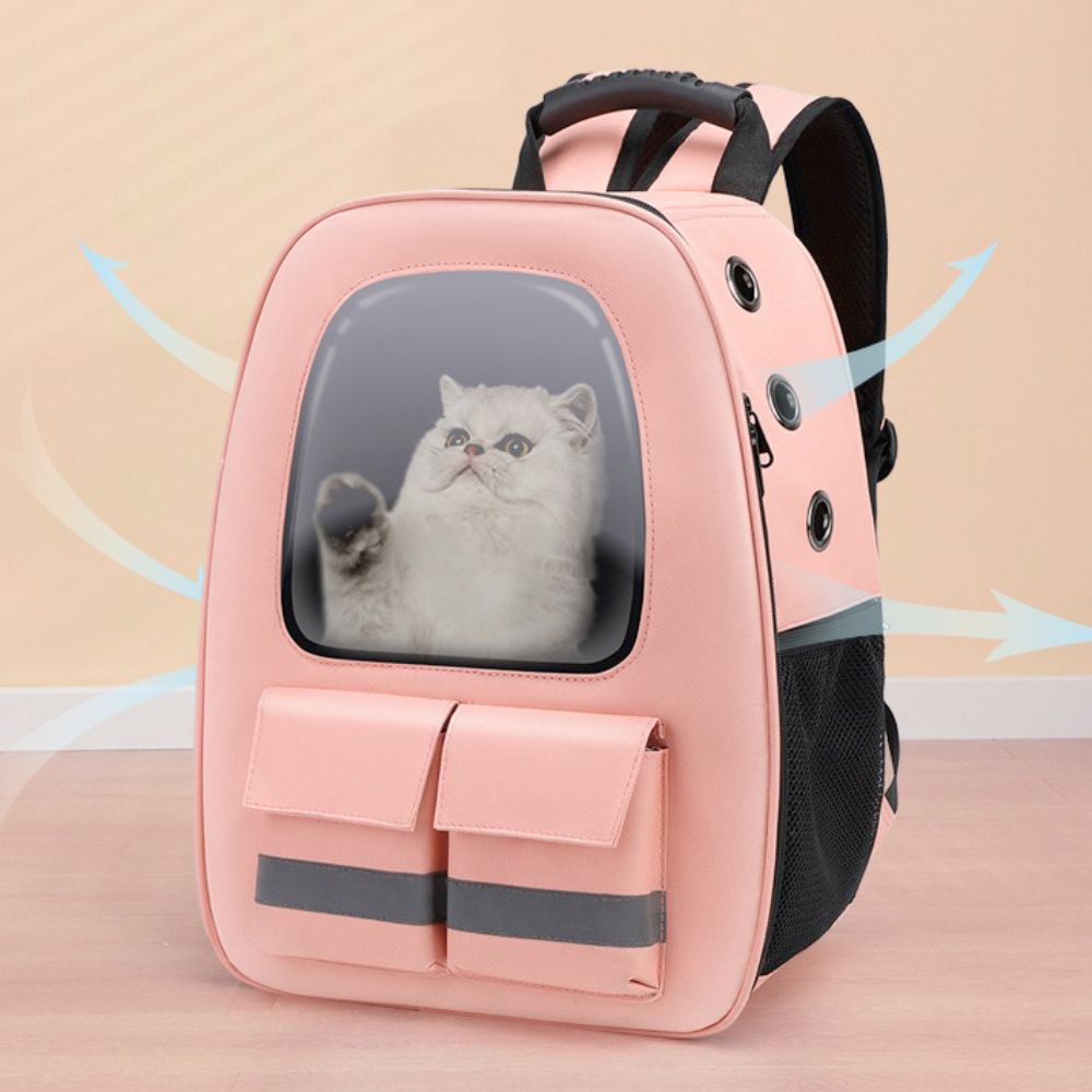 Pet Breathable Traveling Backpack with breathable panels and pockets, designed for small pets, available in multiple colors.