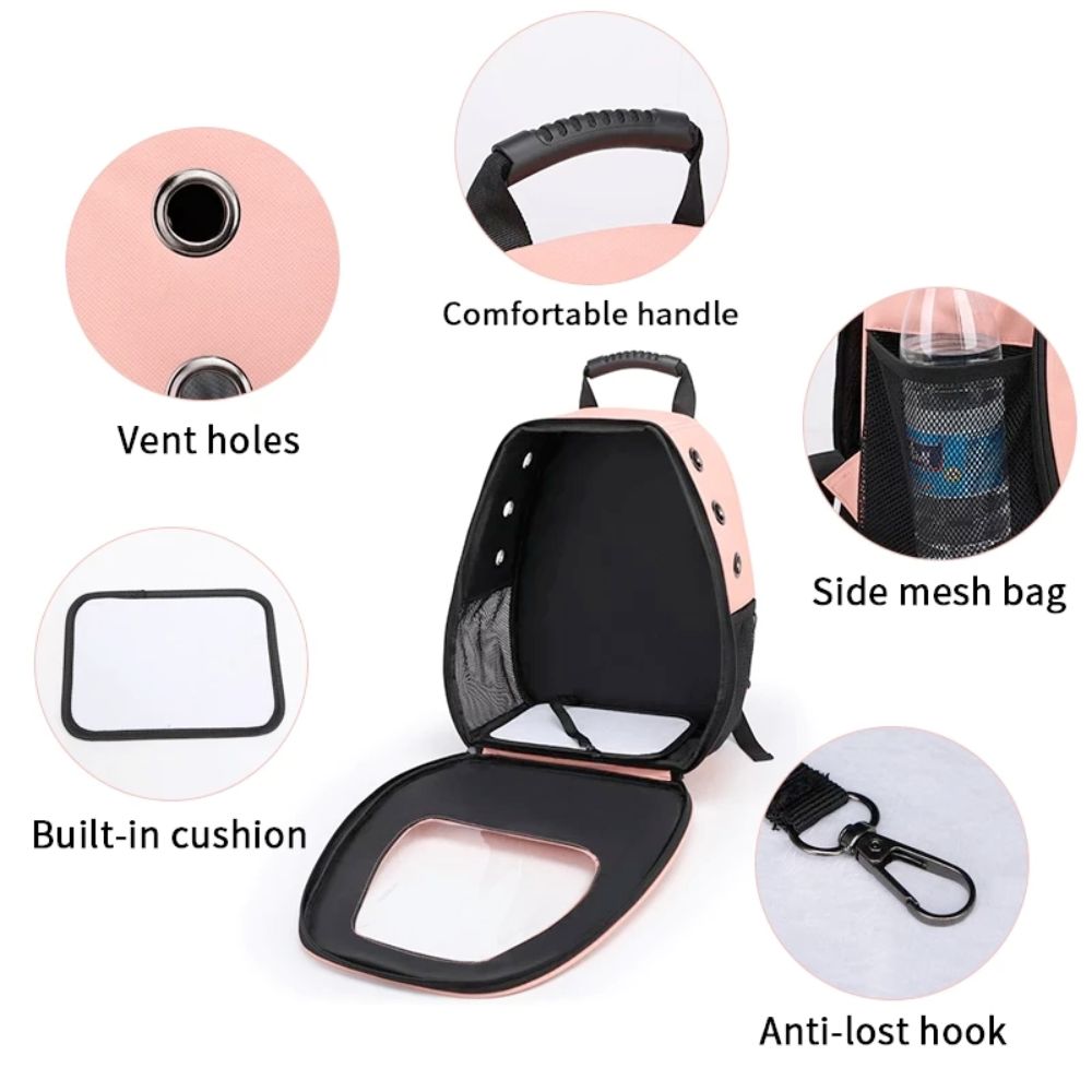 Pet Breathable Traveling Backpack with breathable panels and pockets, designed for small pets, available in multiple colors.