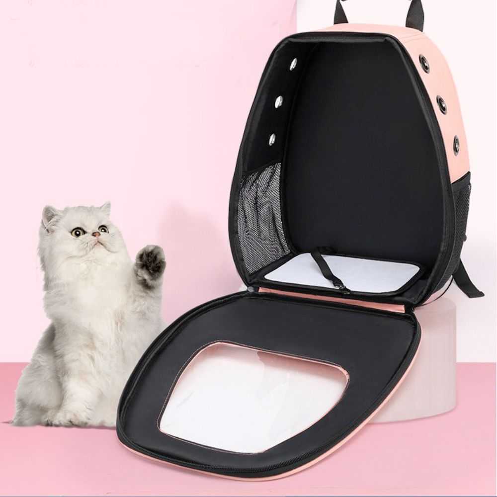 Pet Breathable Traveling Backpack with breathable panels and pockets, designed for small pets, available in multiple colors.