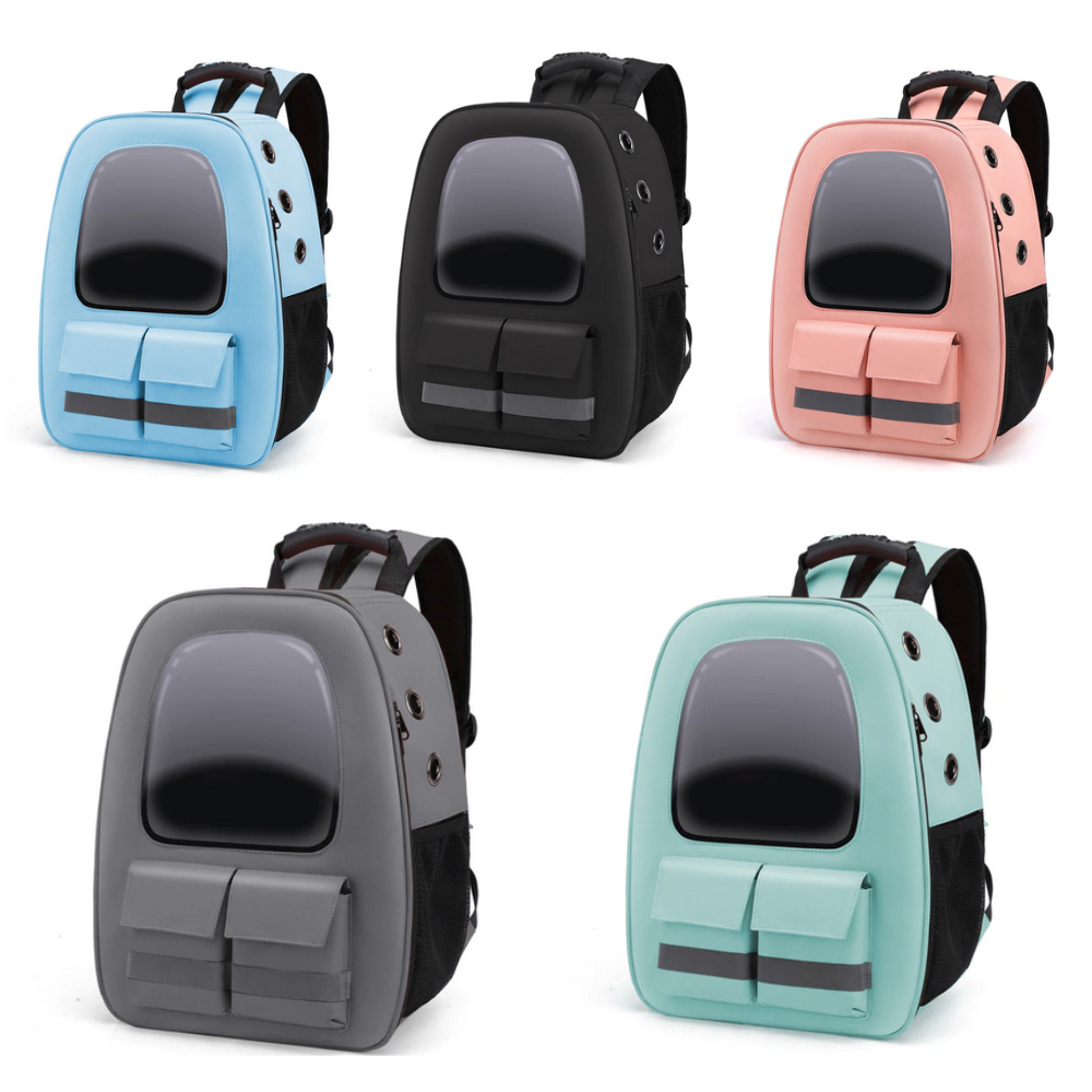Pet Breathable Traveling Backpack with breathable panels and pockets, designed for small pets, available in multiple colors.