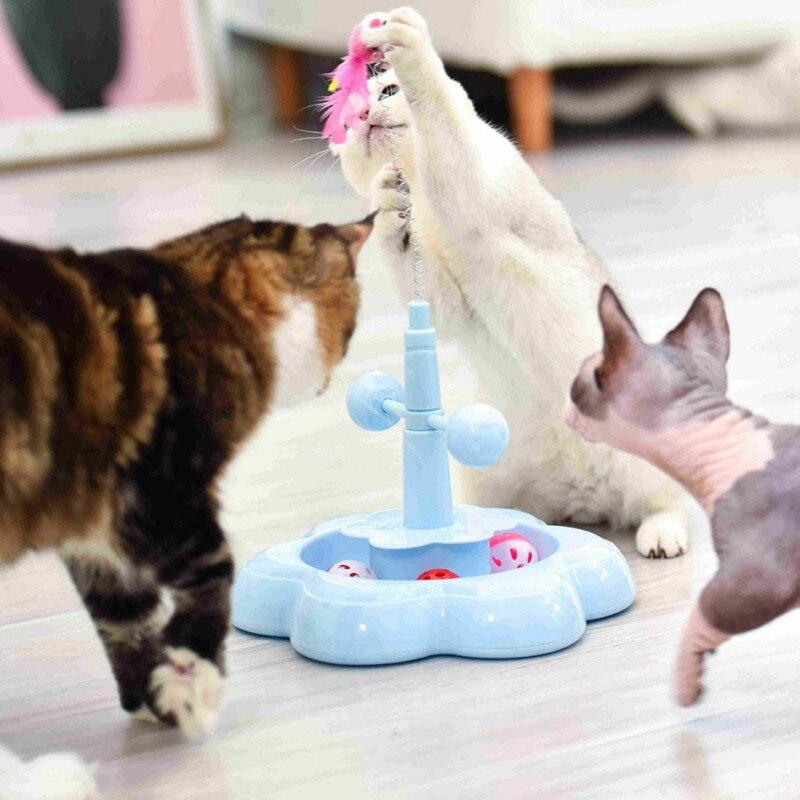 A colorful Pet Cat Stick Toy featuring a multi-level tower with rolling balls designed for interactive play and training for cats.