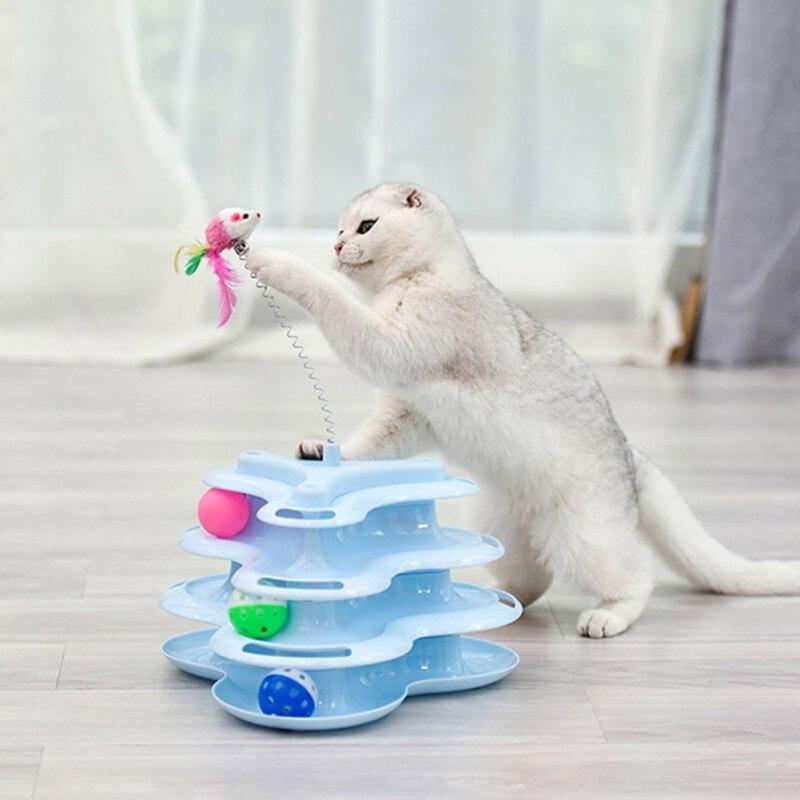 A colorful Pet Cat Stick Toy featuring a multi-level tower with rolling balls designed for interactive play and training for cats.
