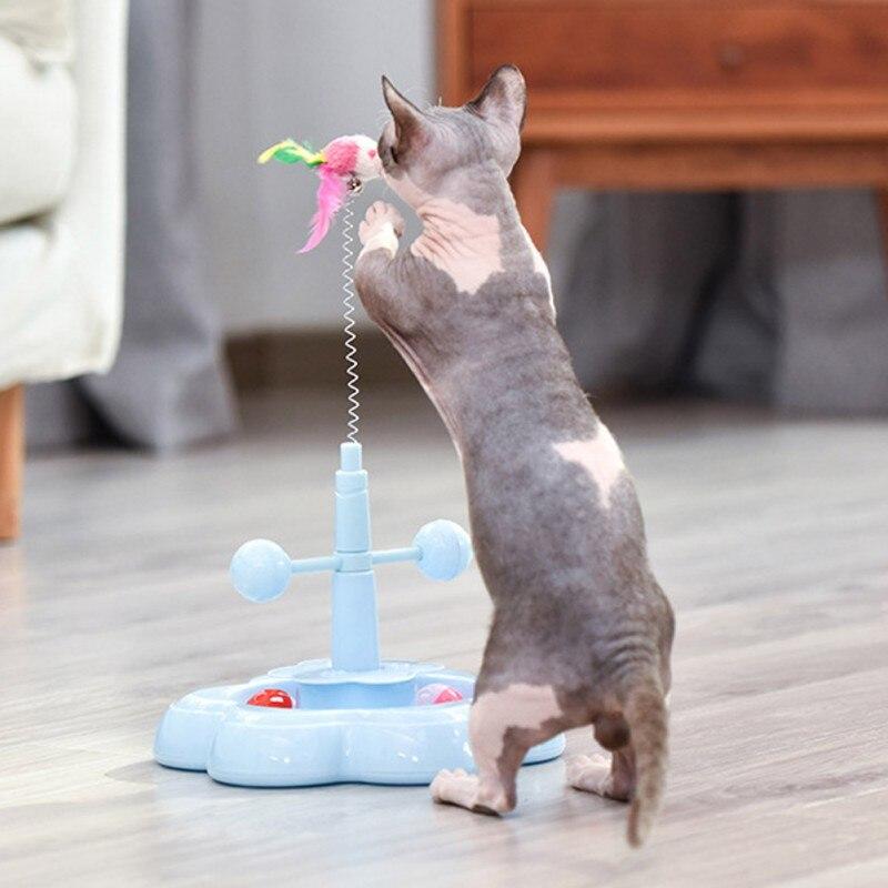 A colorful Pet Cat Stick Toy featuring a multi-level tower with rolling balls designed for interactive play and training for cats.