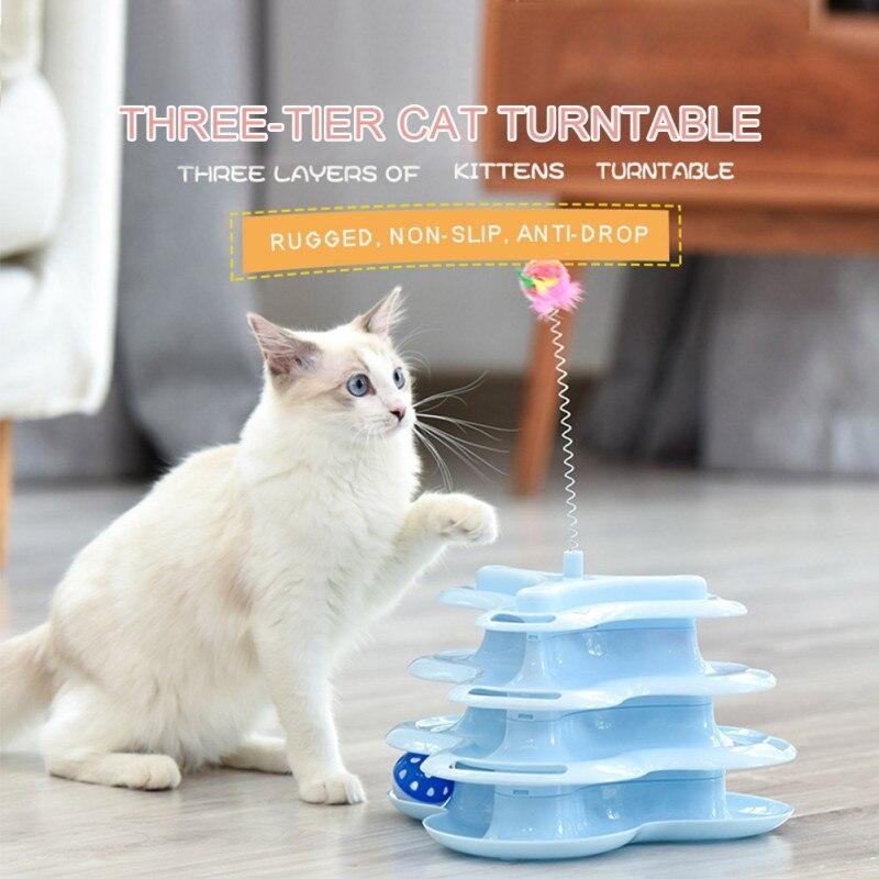 A colorful Pet Cat Stick Toy featuring a multi-level tower with rolling balls designed for interactive play and training for cats.