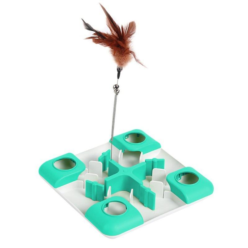 Pet Cat Toys Puzzle Game Toy featuring a colorful feather wand and maze design, perfect for engaging cats and dogs.