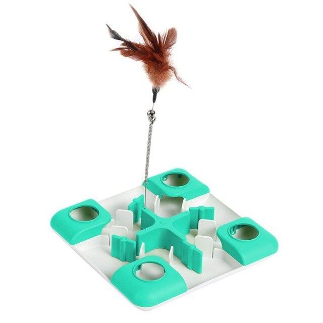 Pet Cat Toys Puzzle Game Toy featuring a colorful feather wand and maze design, perfect for engaging cats and dogs.